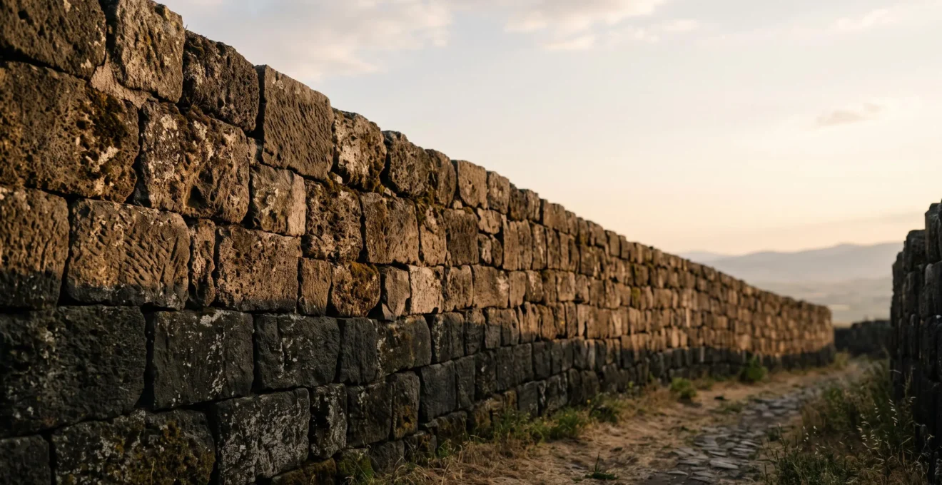 Weathered basalt stone wall of a centuries-old structure showing dense volcanic rock blocks under warm directional light