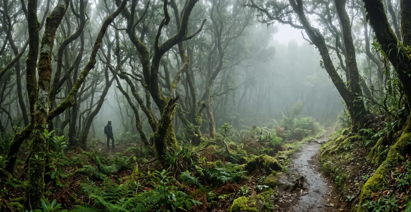 A mist-shrouded ancient laurel forest with gnarled, moss-covered trees standing as living relics of a vanished prehistoric world