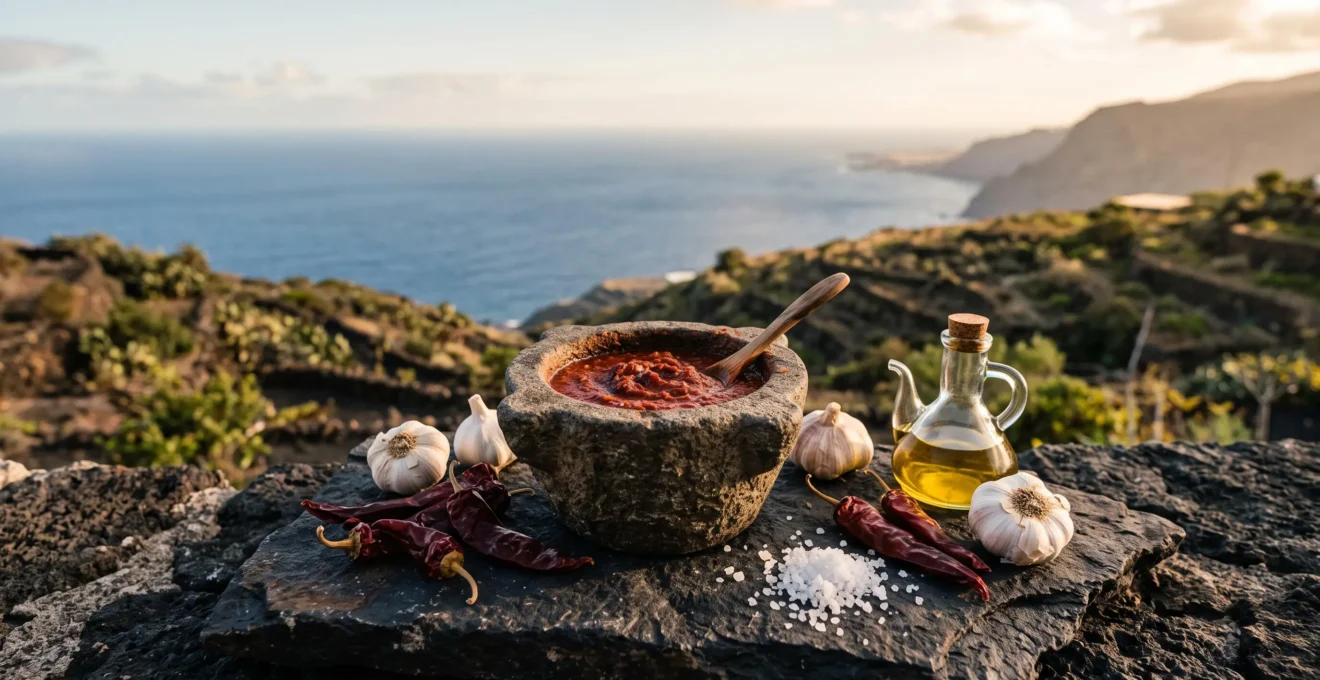 Editorial wide shot of traditional Canarian mojo ingredients arranged on a volcanic stone surface overlooking the Atlantic
