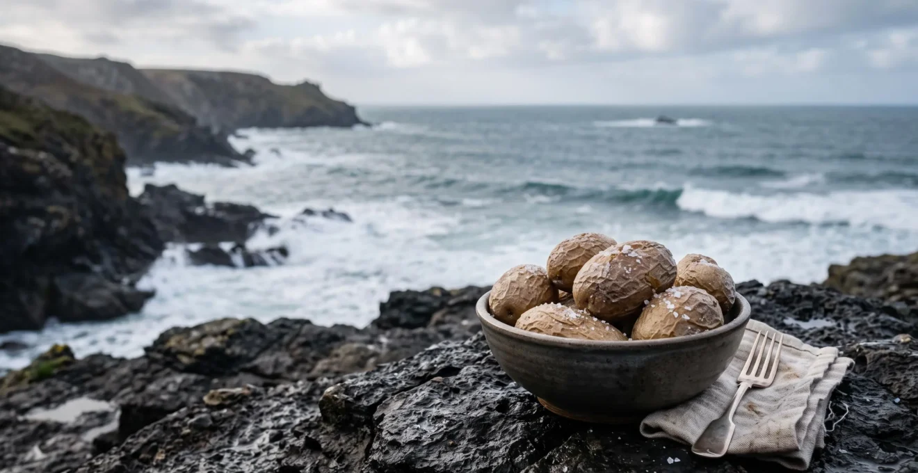 Wrinkled Canarian potatoes coated in a fine Atlantic sea salt crust beside a volcanic coastline