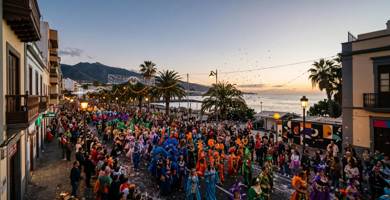 Wide editorial photograph of a colourful Canarian street carnival parade with costumed crowds under evening light