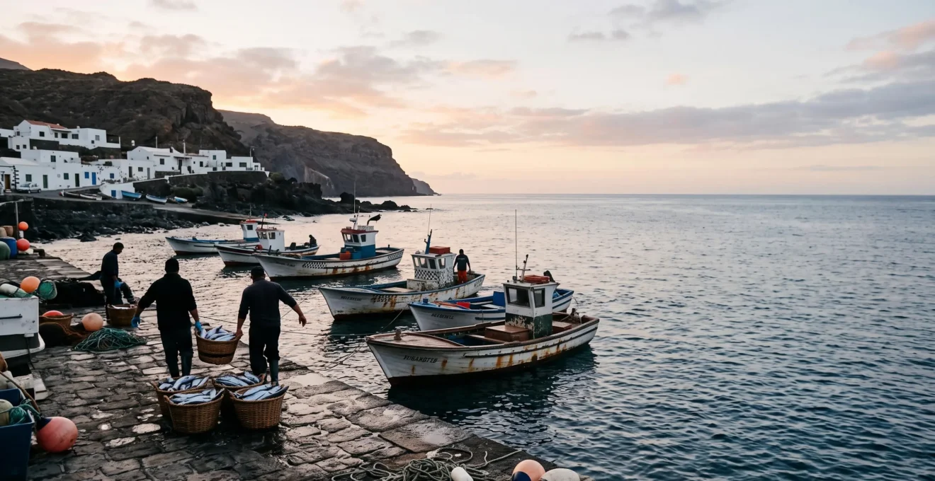 Small wooden Canarian fishing boats returning to a volcanic harbor at dawn with fresh catch