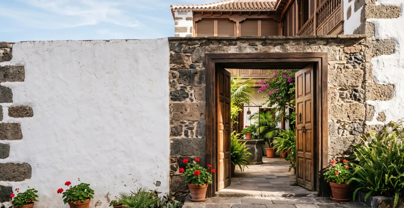 Wide editorial photograph of a traditional Canarian house facade with an open archway transitioning from shaded interior to sunlit courtyard