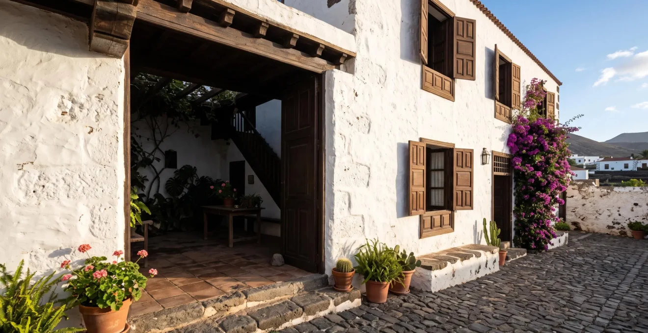 Wide exterior view of a traditional whitewashed Canarian courtyard house with thick stone walls and wooden shutters at golden hour