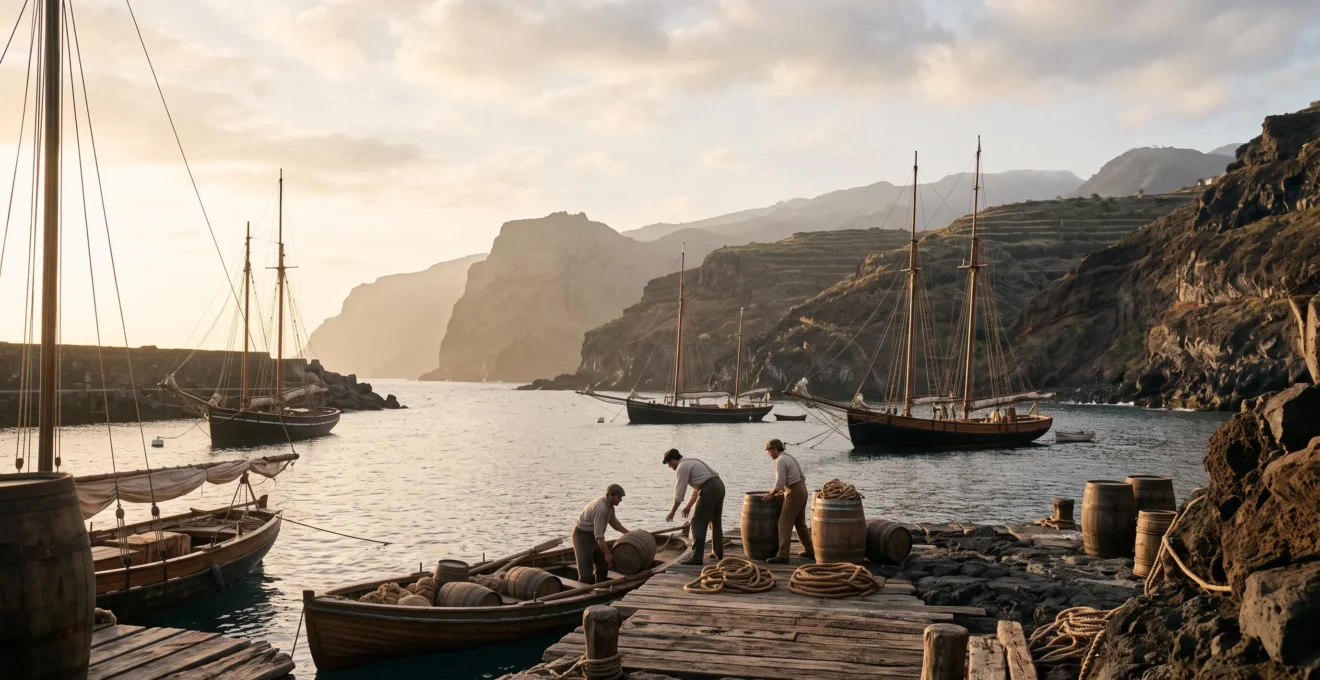 Historic sailing fleet anchored off a volcanic Canary Islands coastline before a transatlantic crossing
