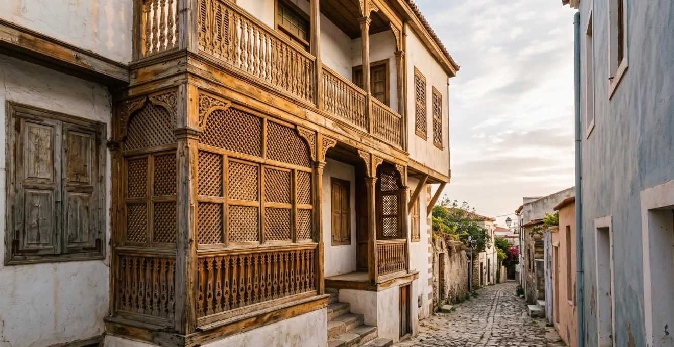 Wide editorial photograph of a weathered hand-carved wooden balcony on a traditional Canary Islands house, showing rich patina and intricate lattice work