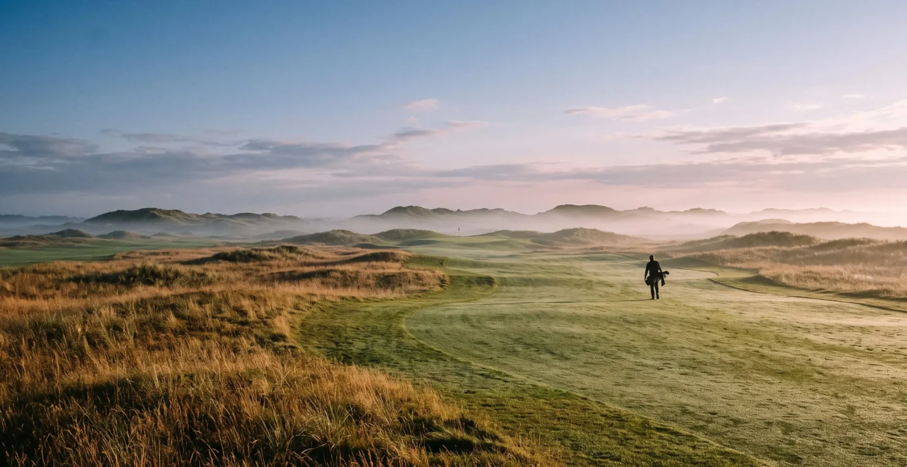 Wide editorial photograph of a sustainably managed golf fairway at dawn showing native grasses and dew rather than sprinkler irrigation
