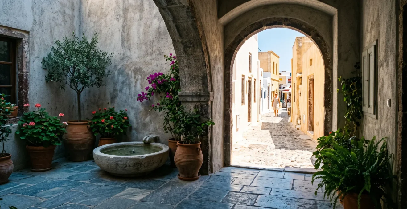 Wide editorial view contrasting a shaded, cool interior courtyard with a sunlit street glimpsed through an archway