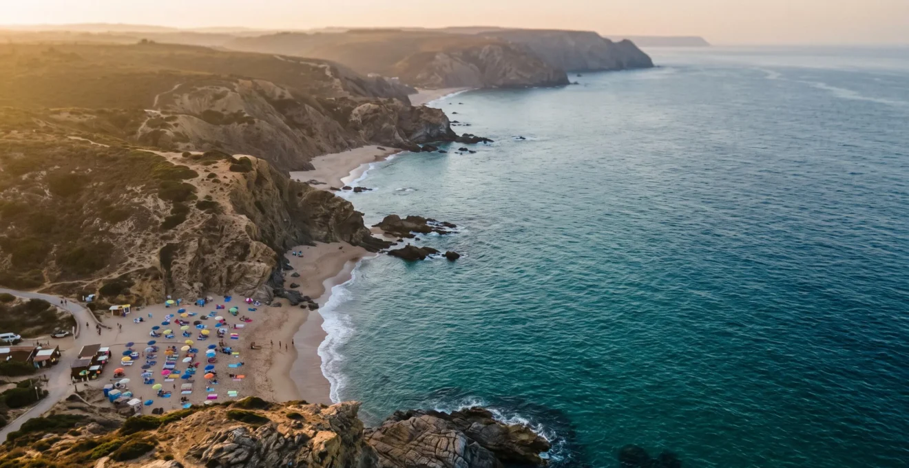 Aerial editorial photograph contrasting a densely packed strip of beach near a car park with a long stretch of empty, wild coastline beyond it