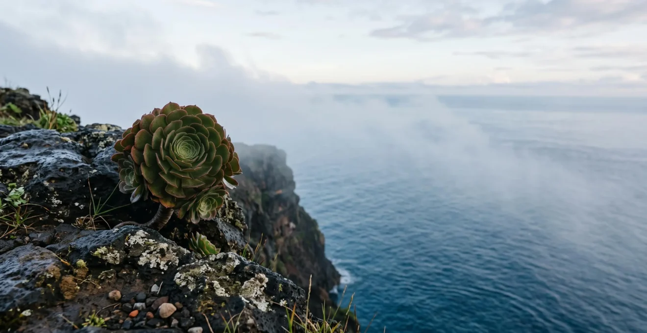 A solitary endemic rosette plant thriving on a misty volcanic island cliff, symbolizing millions of years of isolated evolution