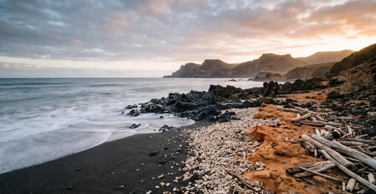 Wide editorial photograph symbolizing five cultural currents converging on a volcanic Atlantic island coastline