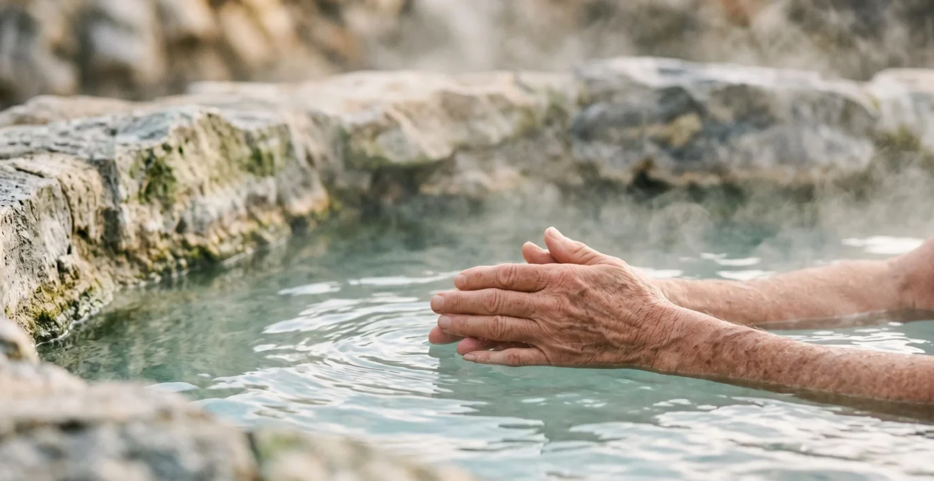Close-up of hands gently submerged in steaming sulphur-rich mineral spring water surrounded by natural rock formations
