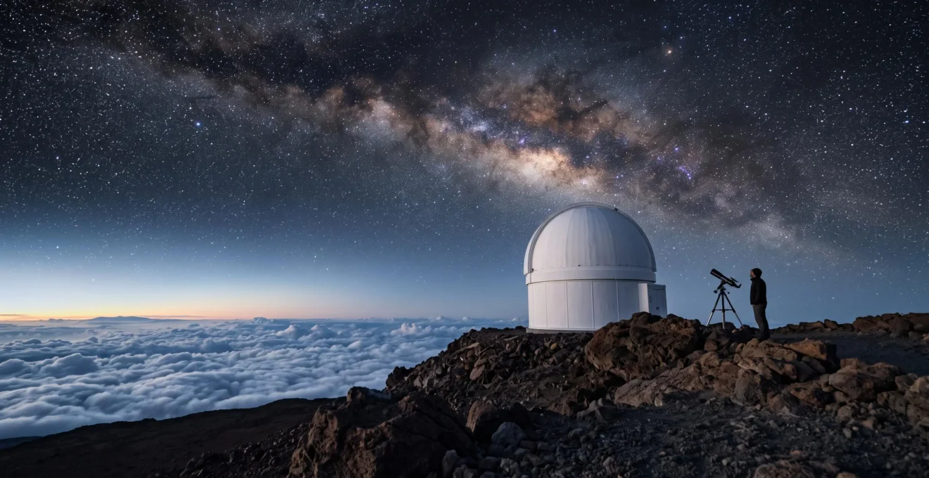 A high-altitude observatory dome silhouetted against a star-filled sky above a sea of clouds