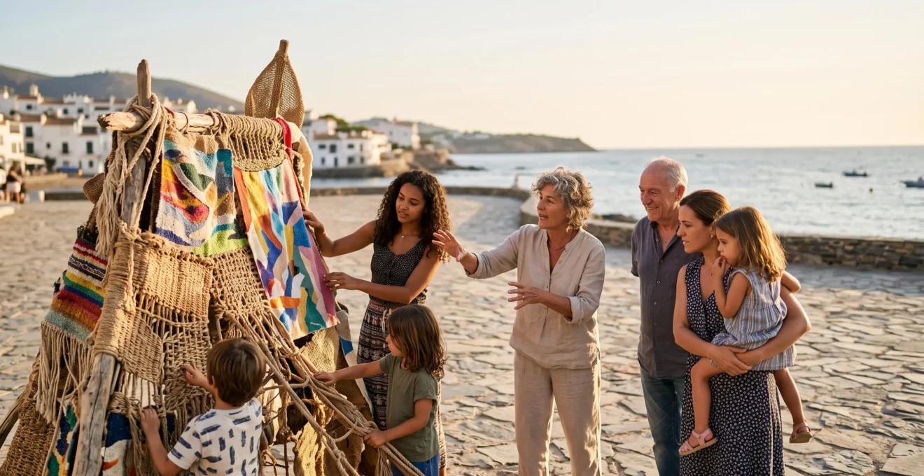 Local residents and artists gathered around an outdoor art installation during an island art festival at golden hour