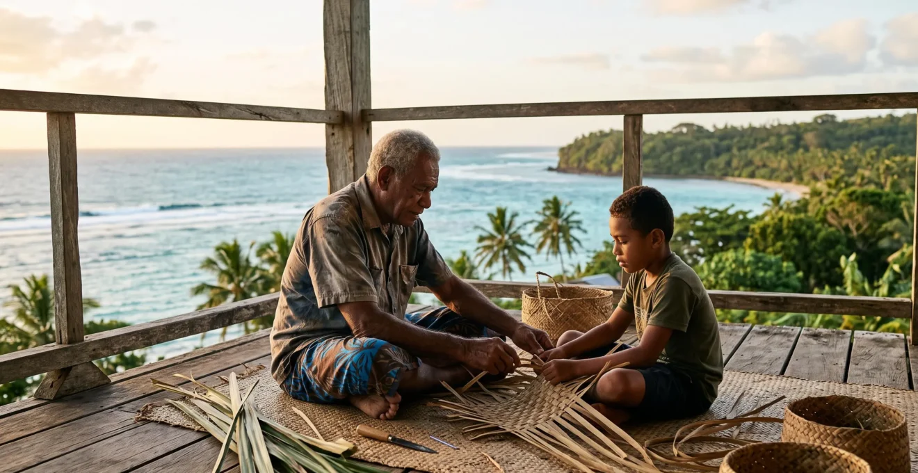 An elder and a younger islander sharing a traditional craft practice together outdoors at golden hour