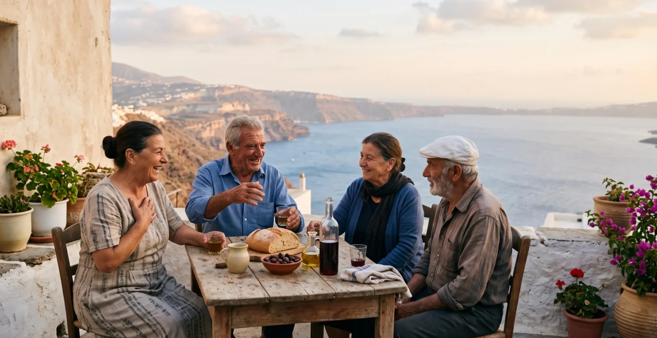 Elderly islanders sharing an unhurried outdoor meal by the sea at golden hour, symbolizing longevity and slow island life