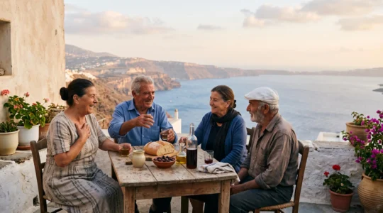 Elderly islanders sharing an unhurried outdoor meal by the sea at golden hour, symbolizing longevity and slow island life