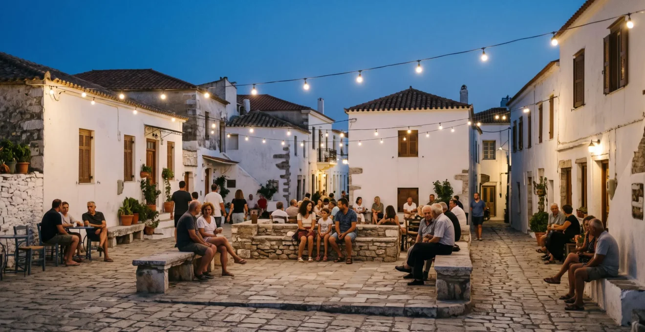 A multi-generational group of islanders gathered on an outdoor stone plaza at dusk, illustrating late-night Mediterranean social culture