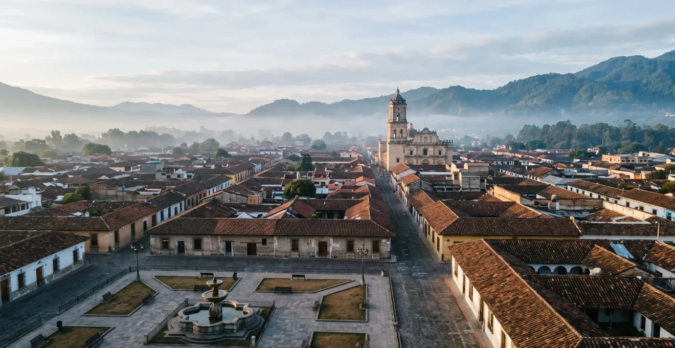 Wide editorial view of La Laguna's historic grid streets bathed in soft misty light, symbolizing 500 years of intellectual heritage