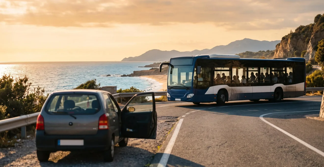 Wide editorial photograph contrasting a full public bus with a nearly empty rental car on a scenic coastal road