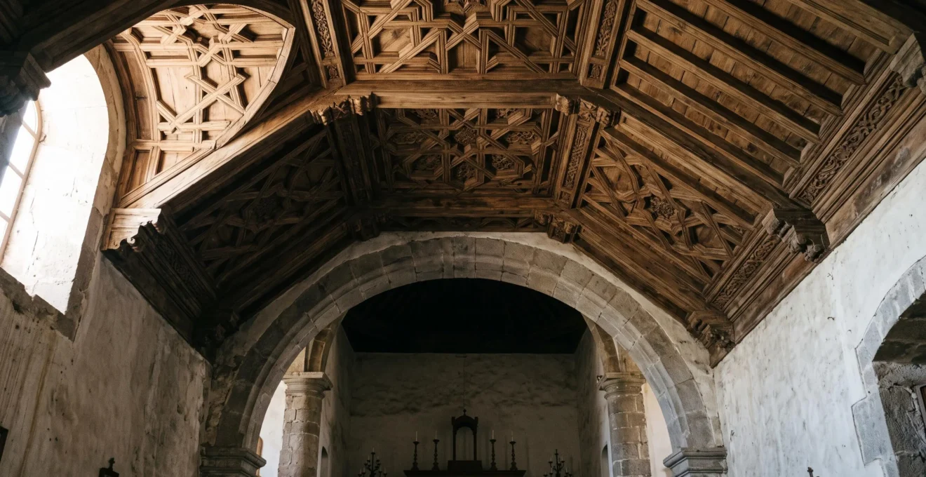 Wide editorial view inside a historic Canarian church showing an intricate geometric wooden Mudejar ceiling above a quiet nave