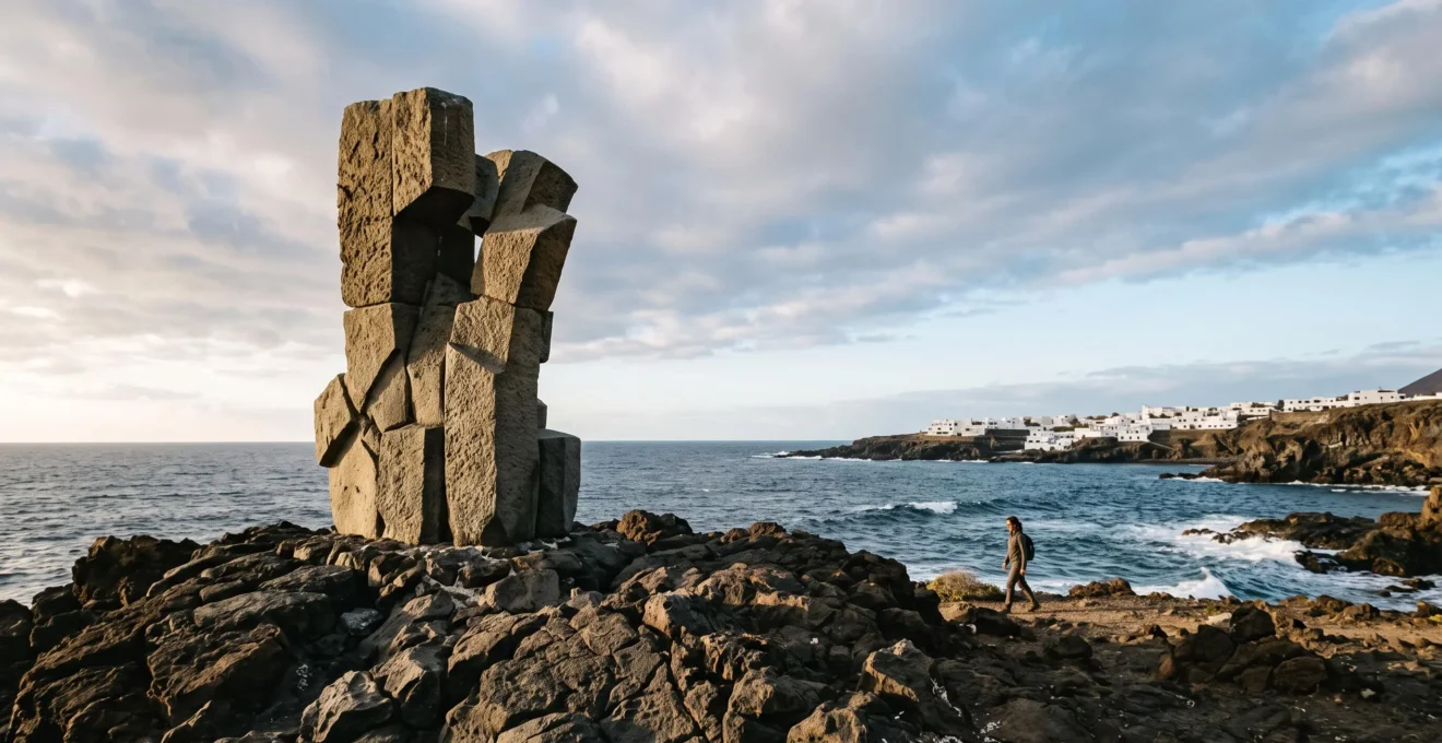 A large abstract stone sculpture standing freely on a volcanic Canarian coastline with the Atlantic Ocean stretching to the horizon