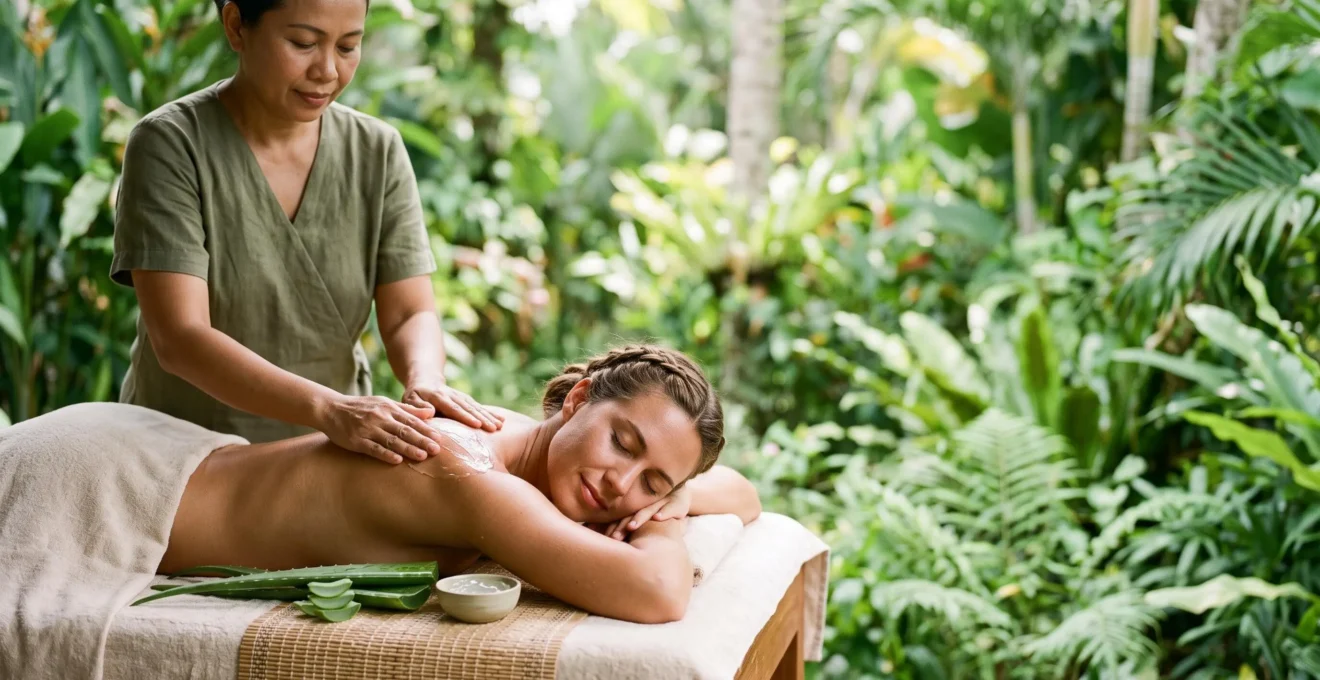 A traveler receiving a calming organic aloe skin treatment at a tropical spa, hands applying natural gel to the shoulder in soft natural light