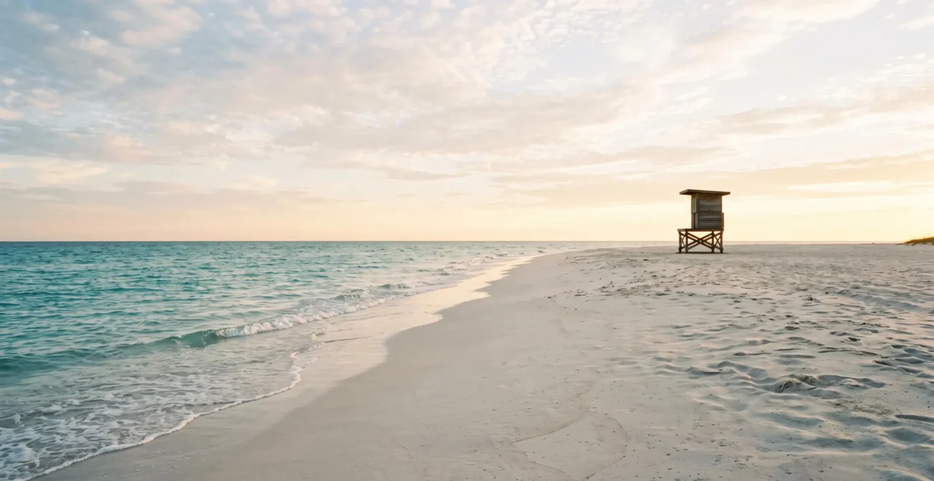 A pristine turquoise coastline at dawn symbolizing the rigorous water quality standards behind Blue Flag beach certification