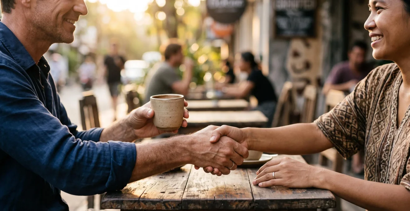 Two travelers of different backgrounds sharing a warm, genuine conversation at an outdoor table, symbolizing connection through language