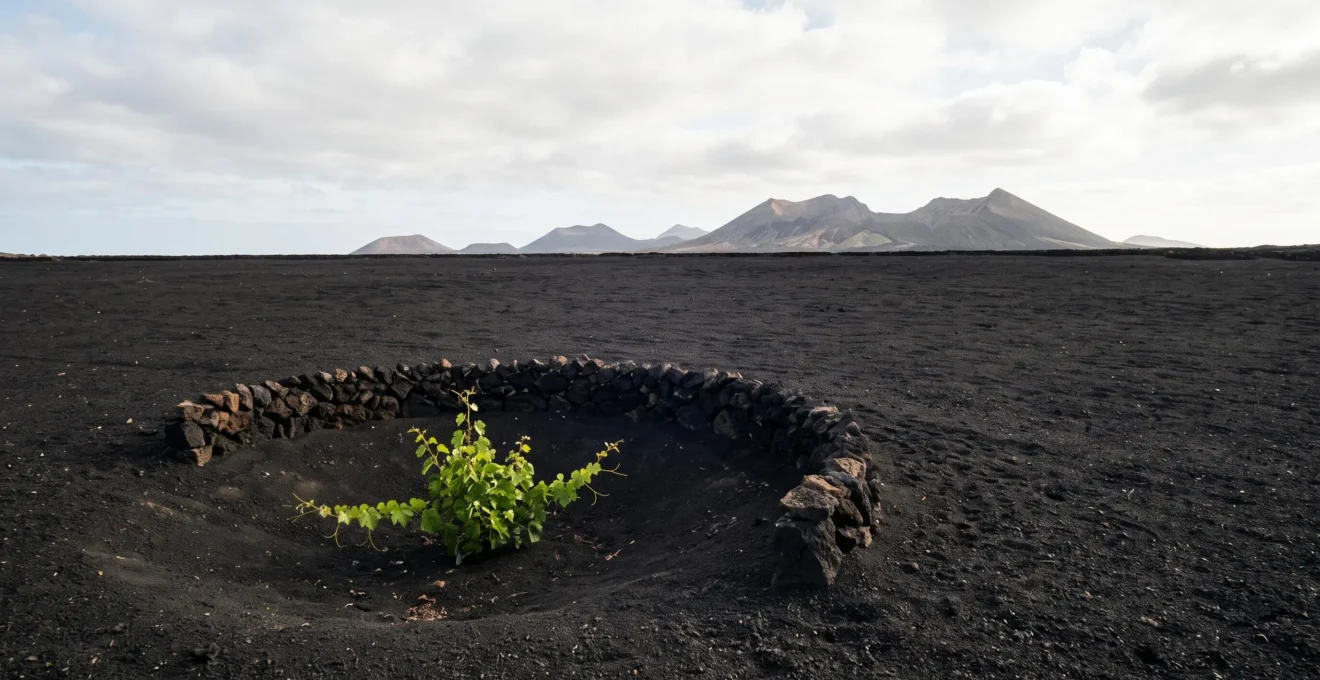 Wide aerial-level view of a solitary grapevine growing inside a crescent-shaped volcanic ash pit sheltered by a dry stone wall, with a chain of dark volcanic cones on the horizon