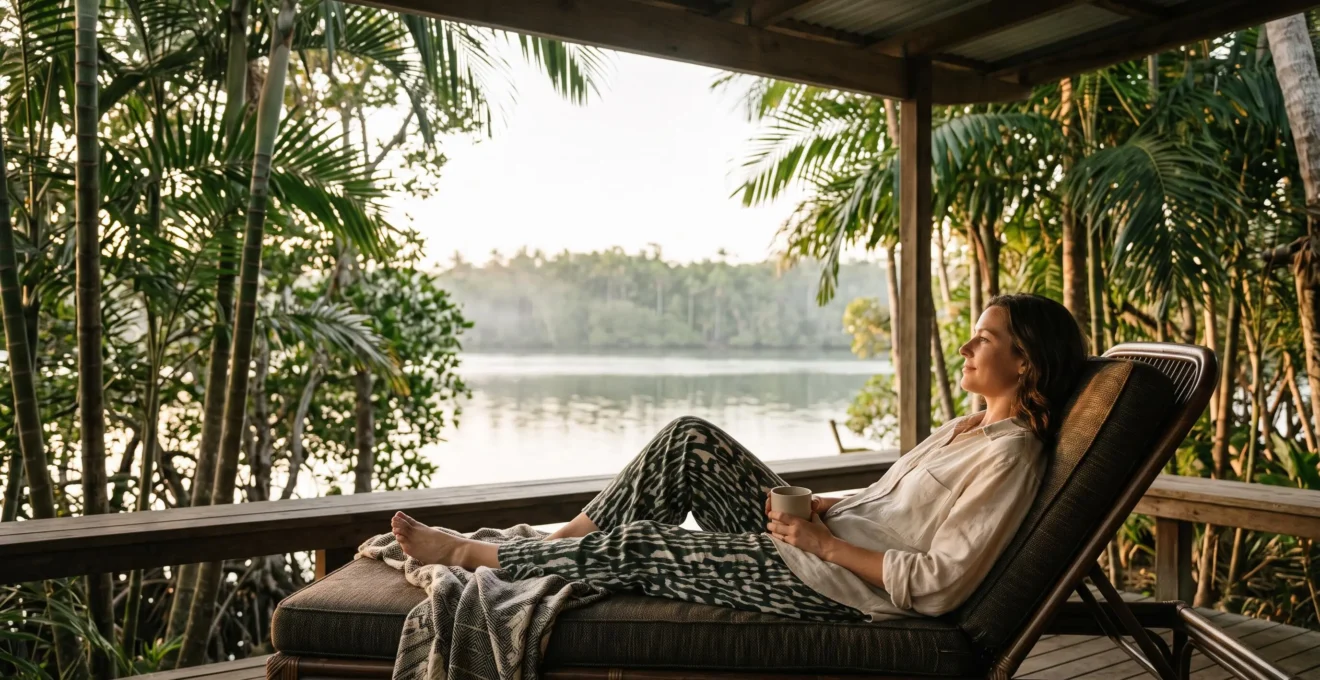 A person resting peacefully in a subtropical coastal wellness setting symbolizing accelerated post-surgical healing