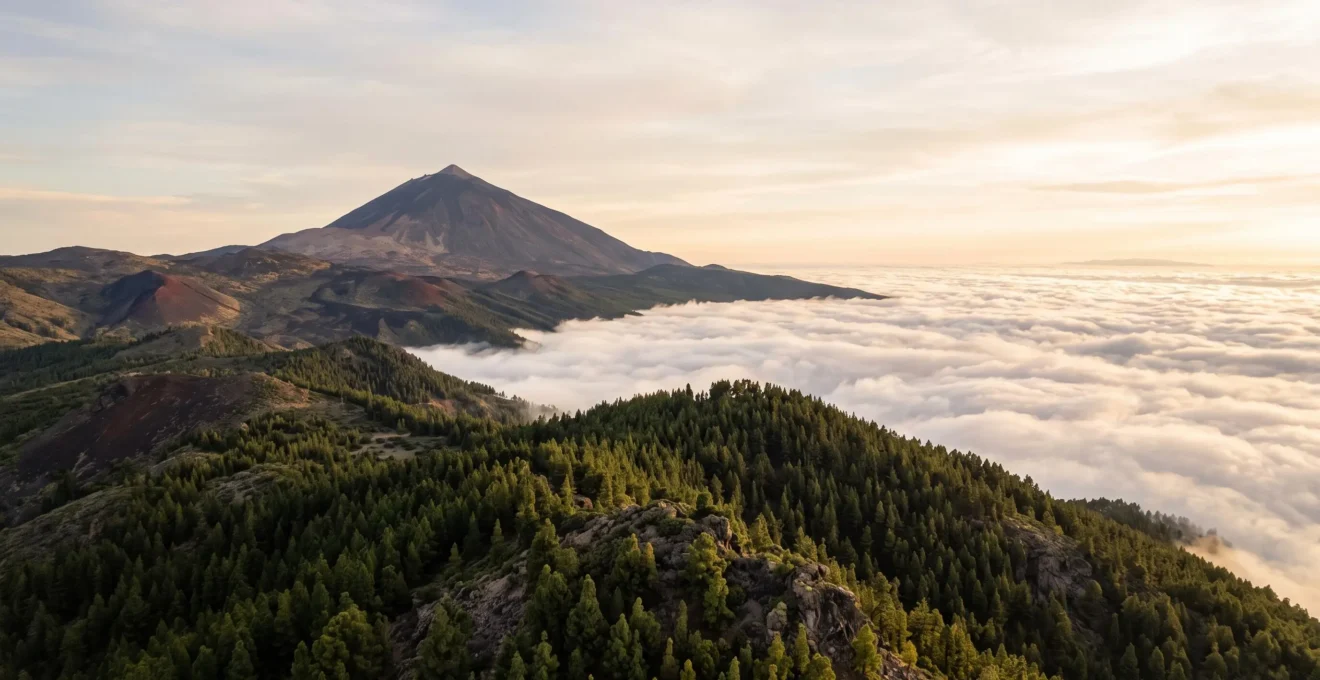 Wide aerial view of Tenerife showing a pine forest ridge transitioning into a volcanic desert landscape under a sea of clouds