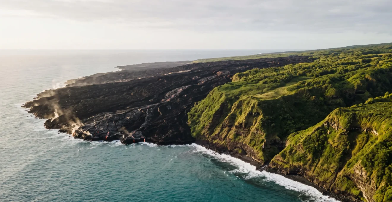 Split aerial view contrasting a raw black lava coastline with an ancient emerald green cliffside, symbolizing millions of years of island evolution