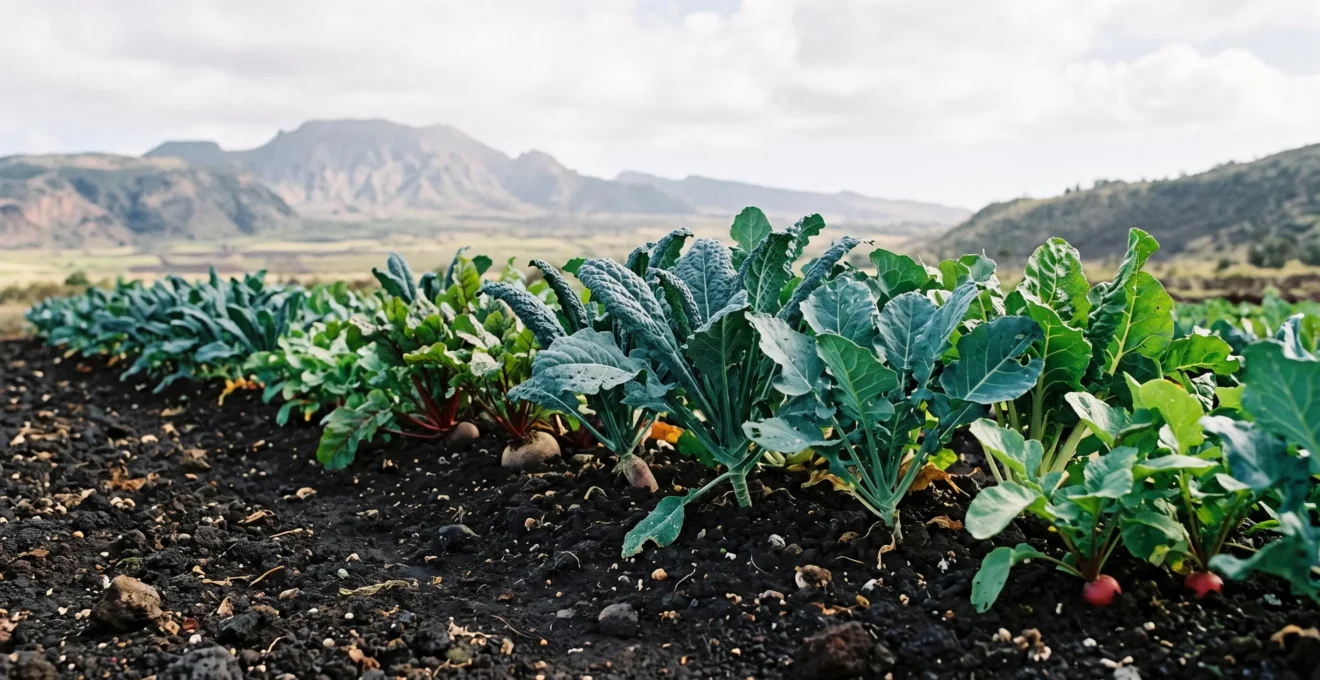 Close-up wide shot of lush, deeply colored vegetables growing in rich dark volcanic soil under soft natural light