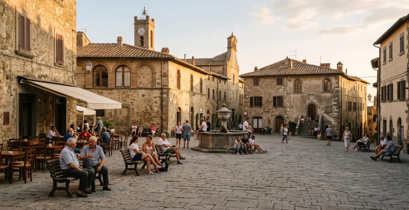 Wide view of a sun-warmed village square filled with residents gathering at dusk, showing benches, a stone fountain and cafe terraces in a rule-of-thirds composition