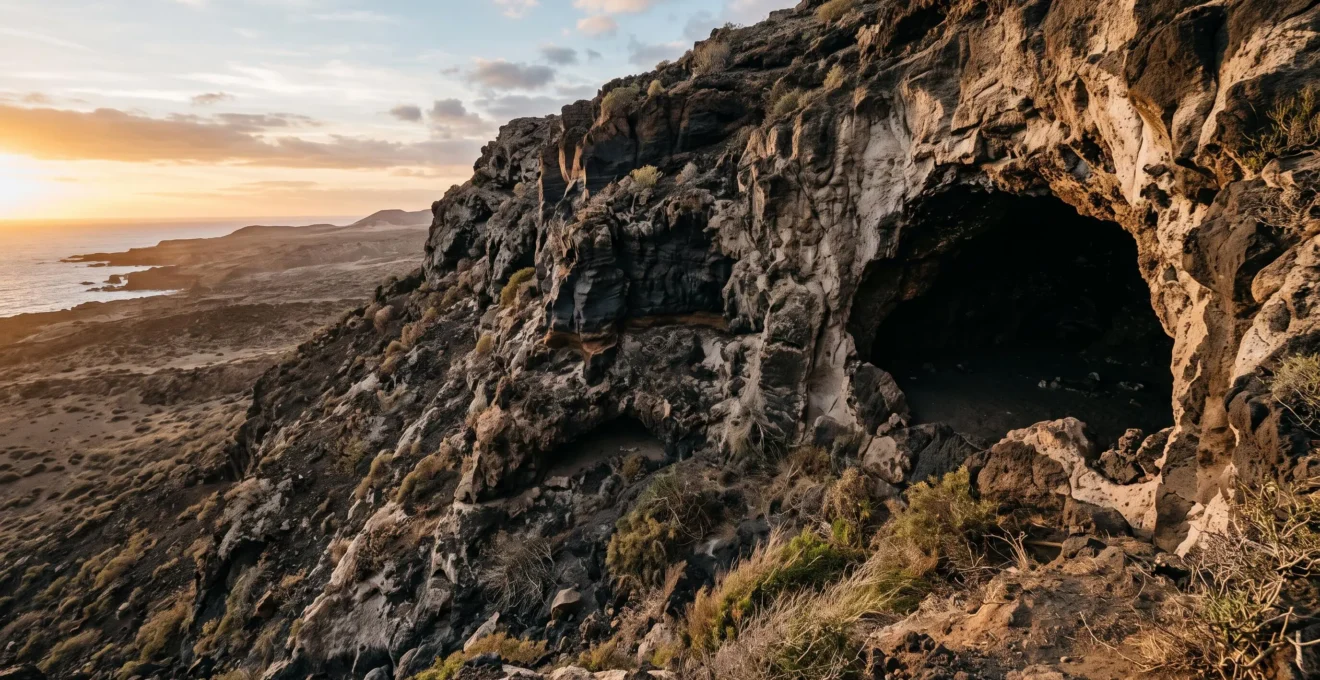 Wide editorial photograph of a dark volcanic cave entrance in a Canary Islands cliff landscape symbolizing ancient Guanche burial practices