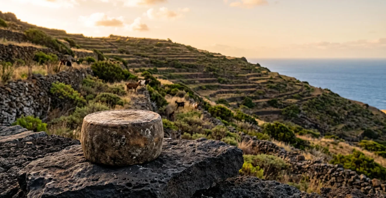 Aged artisanal goat cheese wheel resting on dark volcanic rock with the Atlantic coastline in soft focus behind it