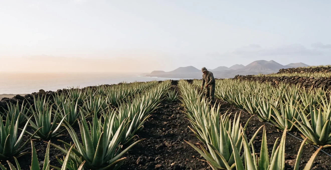 Wide view of aloe vera plants growing in dark volcanic soil on a coastal island under golden light