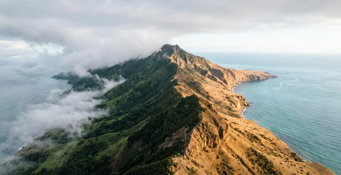 A volcanic peak splitting a green cloud-covered northern slope from a sunlit dry southern coastline