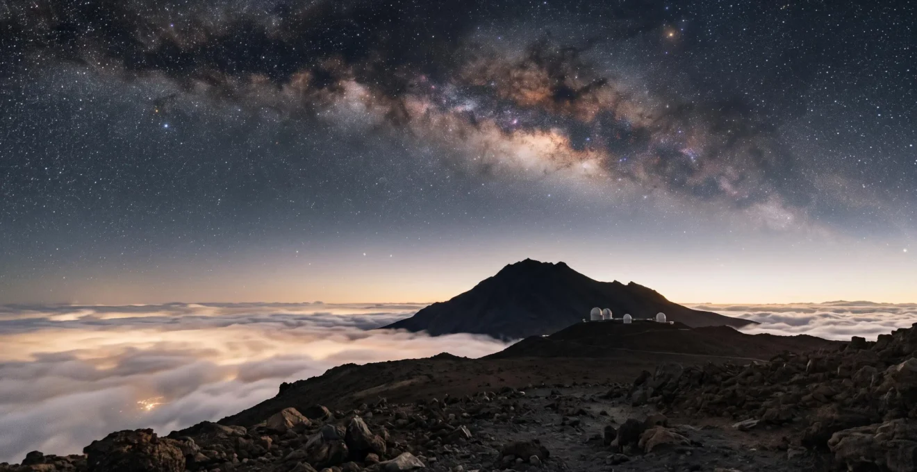 Wide editorial view of a volcanic island summit observatory under a brilliant Milky Way, with a sea of clouds below separating it from the coast