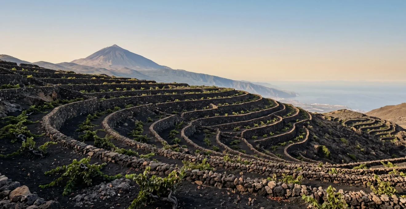 Wide editorial photograph of a volcanic vineyard terrace bathed in golden light, showing black basaltic soil and gnarled vines under an open sky