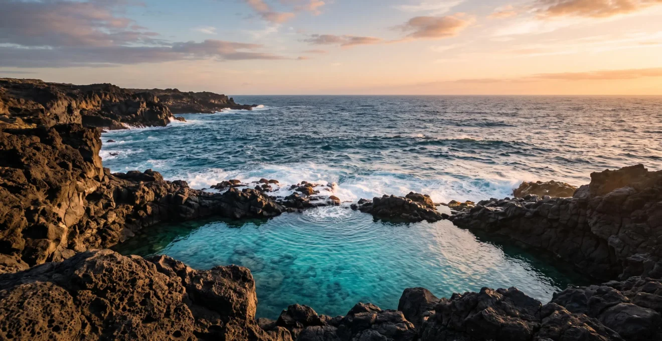 Wide editorial view of a natural volcanic lava pool with turquoise water contrasting against dark basalt rock and the open Atlantic Ocean in the background
